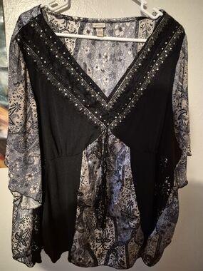Venezia Black Blouse with Gray Paisley Panels & Sequin Trim